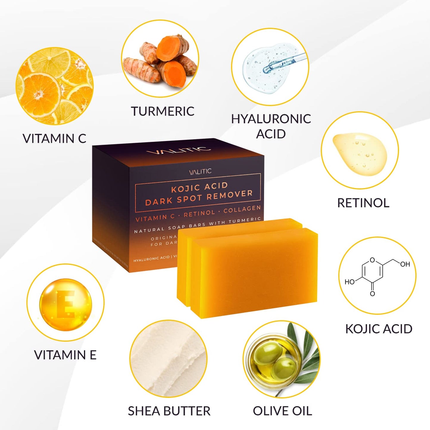 Kojic Acid Dark Spot Remover Soap - 2 Pack | Vitamin C, Retinol, Collagen & Turmeric | Japanese Formula with Hyaluronic Acid, Vitamin E, Shea Butter & Olive Oil